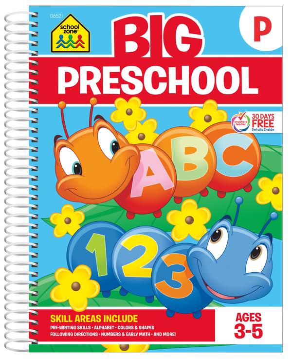 Big Preschool spiral bound workbook cover features ABC and 123 caterpillars.