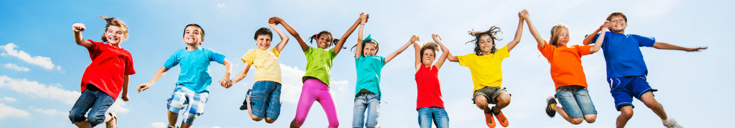 Kids Jumping in Air in Colorful Shirts