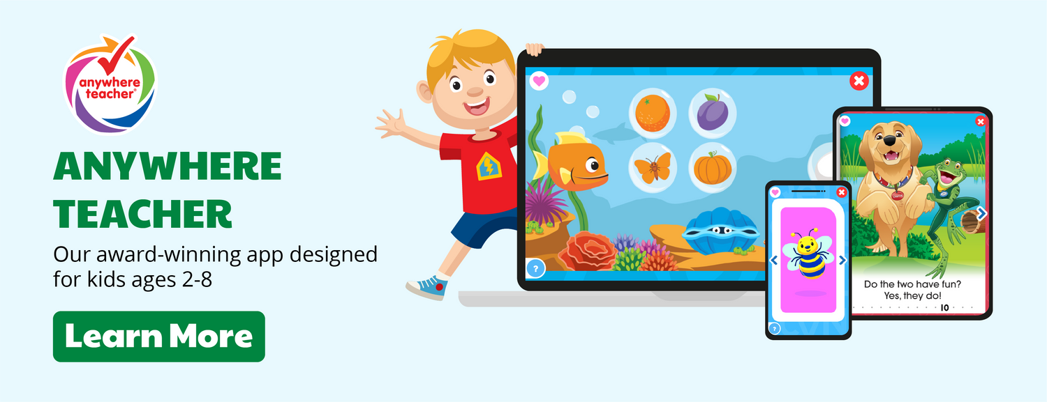 Banner: Learn more about anywhere teacher, our award-winning app designed for kids ages 2 thru 8.