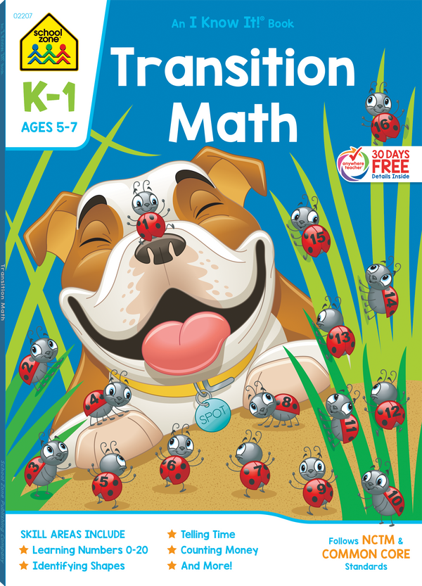 Transition Math K1- Workbook cover features a dog named Spot playing with numbered ladybugs.
