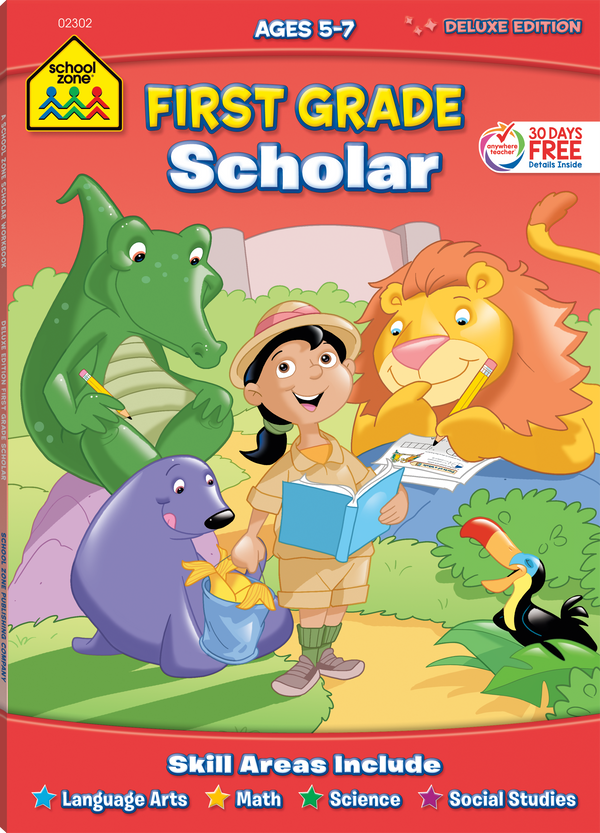First Grade Scholar Deluxe Edition Workbook playfully builds fundamental skills.