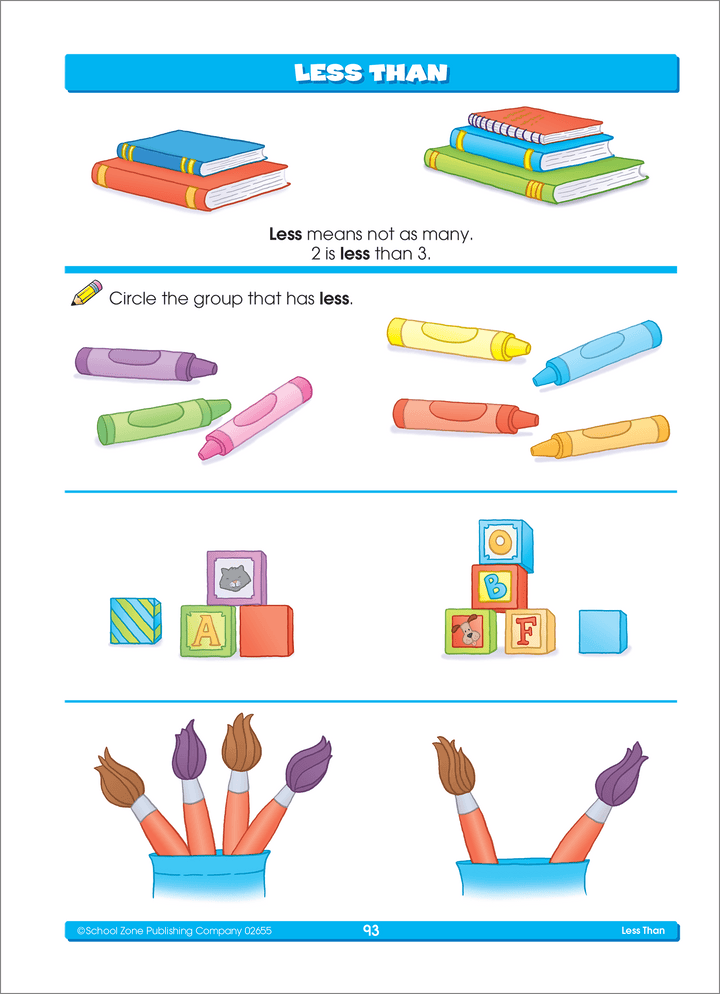 Greater than and less than are just part of the math readiness skills covered in Super Deluxe Preschool Basics Workbook.