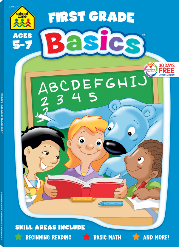 This Super Deluxe First Grade Basics Workbook uses a playful approach to basics. 