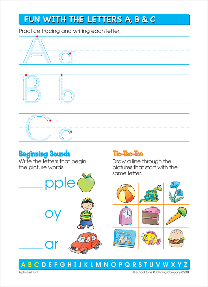 Each page in Alphabet Fun! Write & Reuse Workbook provides practice in multiple skills.