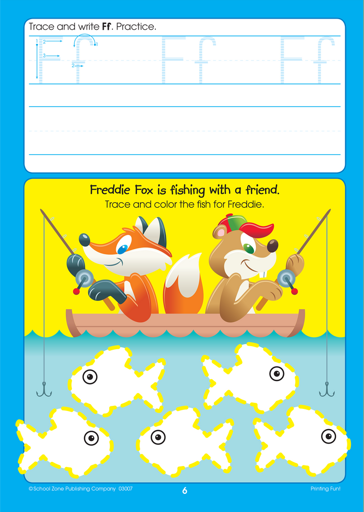 Printing Fun! Write & Reuse Workbook, with its cute characters, will captivate little learners.