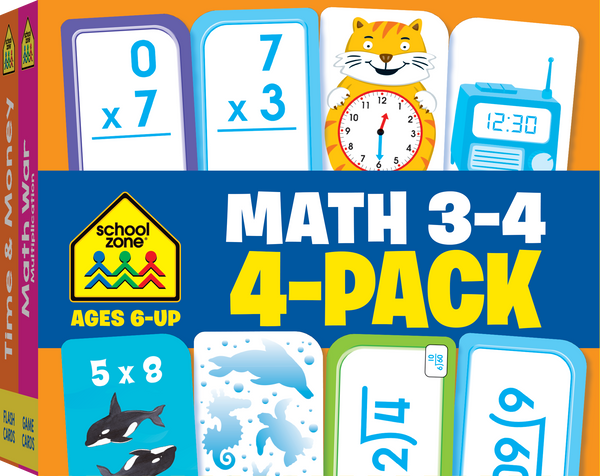Third and fourth graders will love learning multiplication, division, and more with School Zone's Math 3-4 Flash Card 4-Pack.