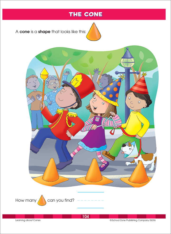 Visual cues and puzzles are used to teach shapes in Big Kindergarten Workbook.