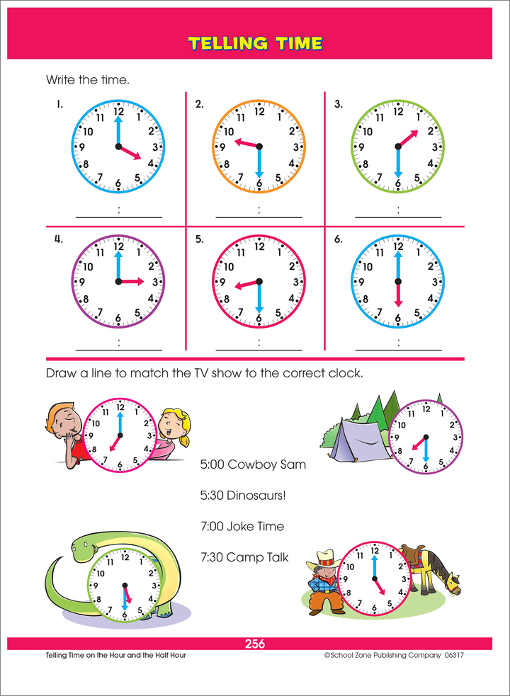 Basic telling time exercises in Big First Grade Workbook will boost your child's confidence in reading clocks.