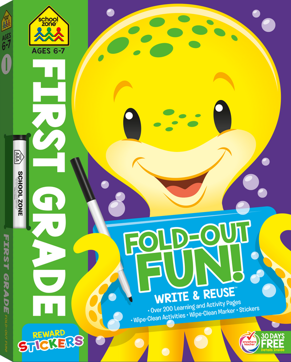 Little ones will love this First Grade Write & Reuse Fold-Out Fun! Big Workbook.