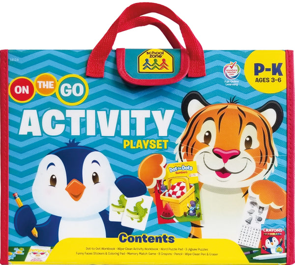 On the Go Activity Playset has handles and flap, cover features happy penguin and tiger playing with contents