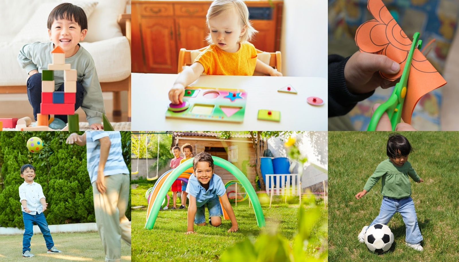Compilation image of children playing outside, building with blocks, and making crafts.