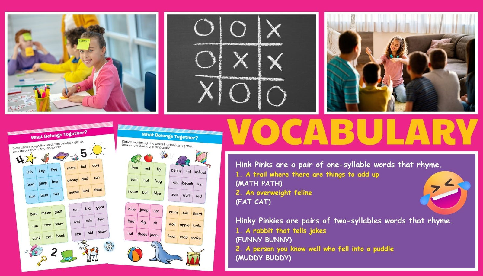 Compilation image of example vocabulary games and children playing them.
