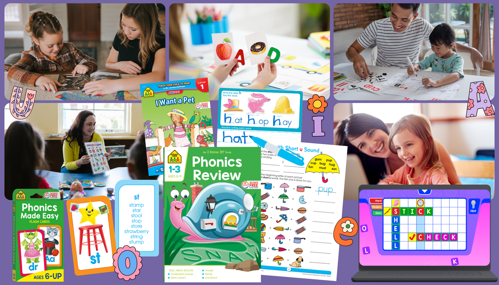A diverse group of young children, aged 5-9, joyfully engaging with educational materials, including workbooks and digital devices, in a colorful and inviting setting. Along with a variety of products that focus on phonics skills.
