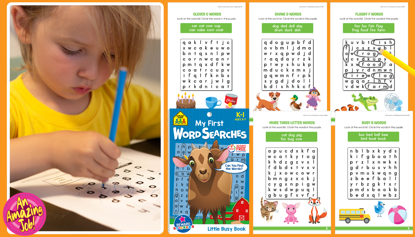 A photo of a young boy working on a word search worksheet and School Zone's My First Word Searches Little Busy Book with a variety of word search puzzles from the book