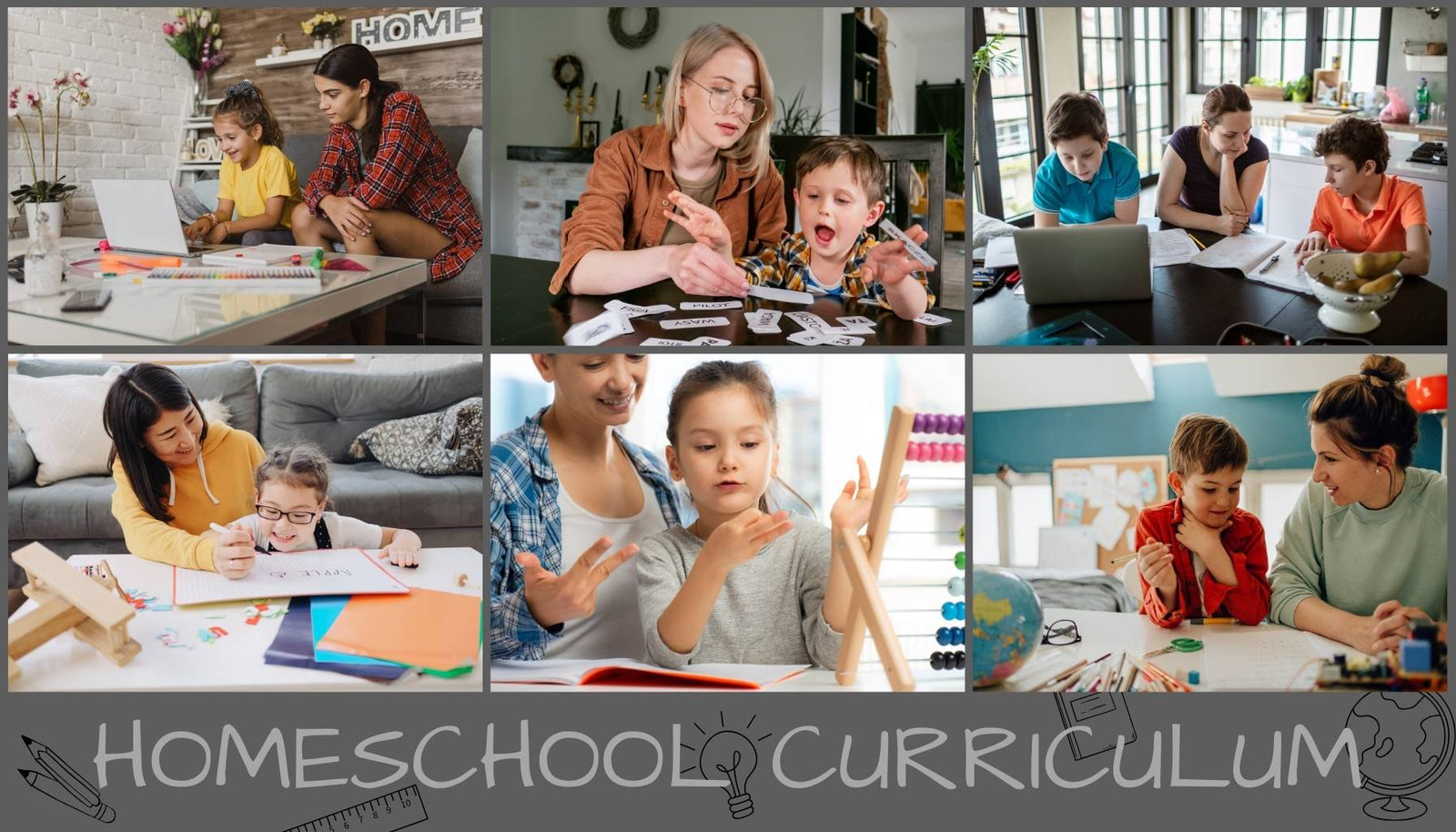 A diverse group of parents and children engaged in homeschooling activities in a cozy home setting, surrounded by educational materials and using digital learning apps.