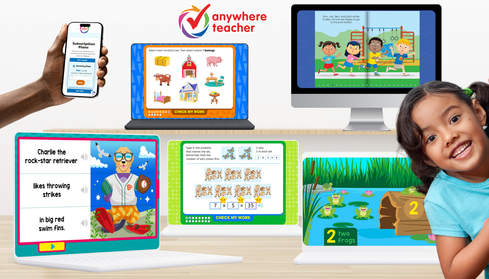 A variety of computer and digital devices on table tops showing educational activities in a vibrant and inviting online learning environment with a young girl peeking around the corner looking very excited.