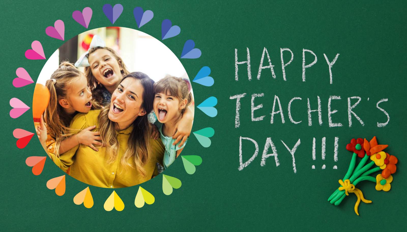 a frame with hearts around it with a photo of happy kids with their teacher with a message next to it that says "Happy Teacher's Day!