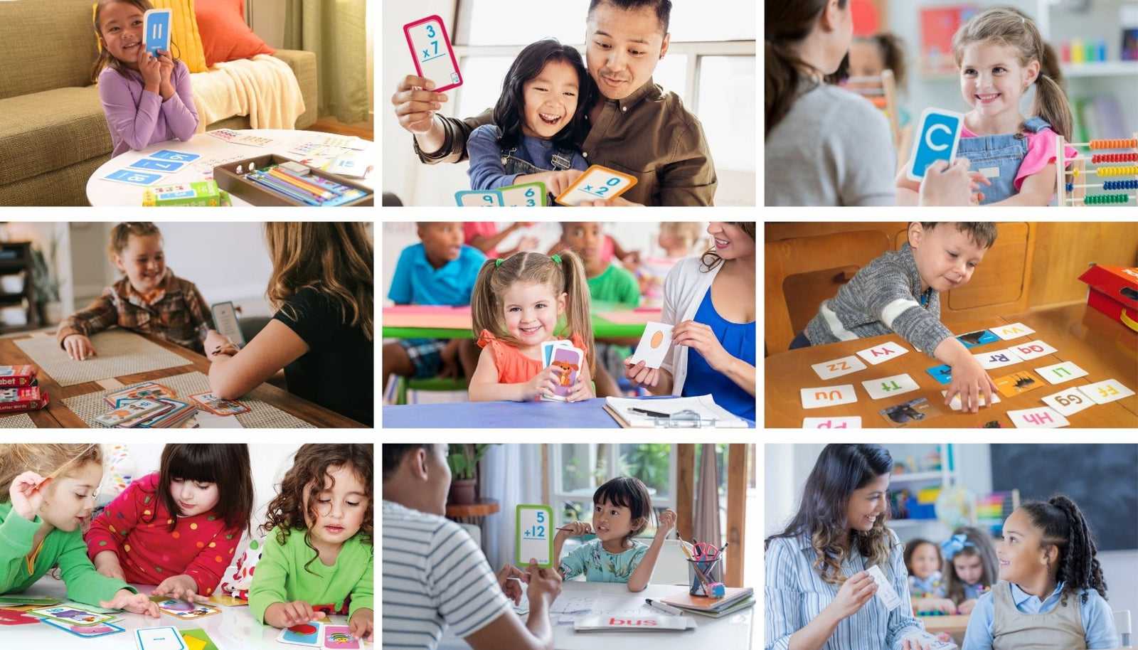 Compilation image of children and their parents using flash cards.