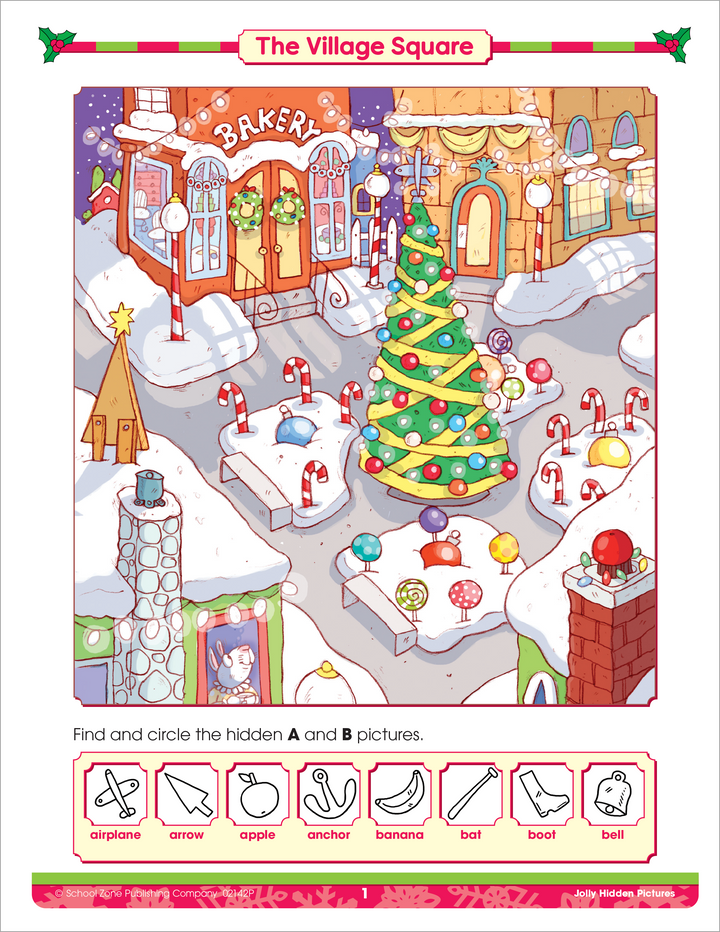 Holiday-Themed Hidden Objects Activity in The Village Square - Jolly Hidden Pictures Workbook