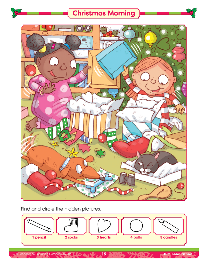 Holiday-Themed Hidden Objects Activity in Christmas Morning - Jolly Hidden Pictures Workbook