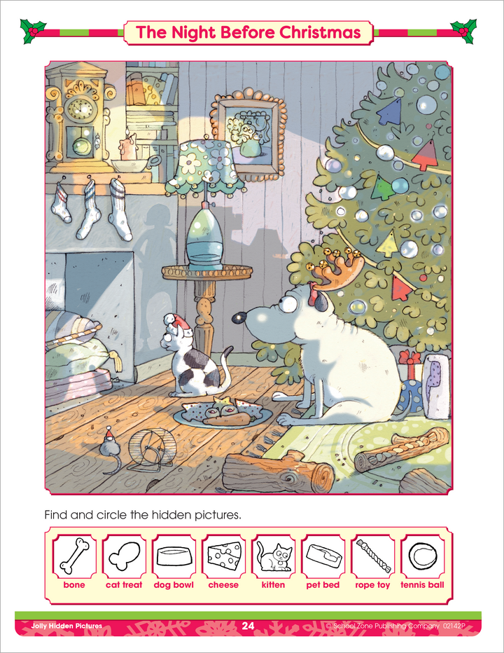 Holiday-Themed Hidden Objects Activity in The Night Before Christmas - Jolly Hidden Pictures Workbook