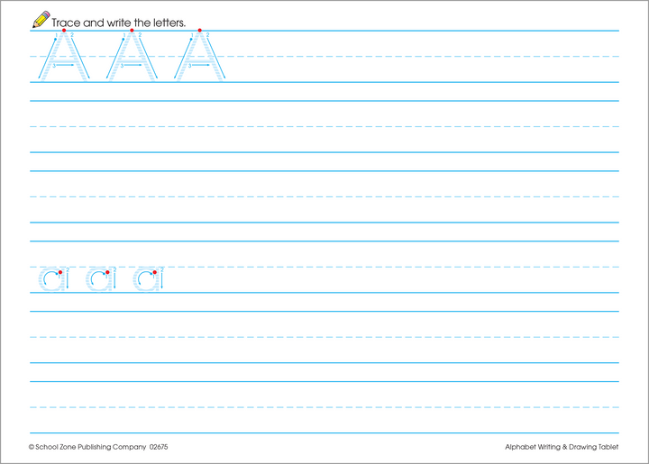 Alphabet Writing & Drawing Tablet has a vertical cover for tucking in a backpack and horizontal practice pages.