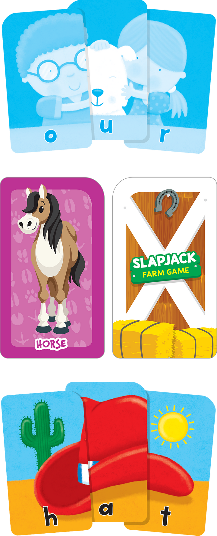 Sharpen thinking and problem-solving with this Get Ready Game Cards Three-Letter Words & Slapjack Farm 2-Pack.