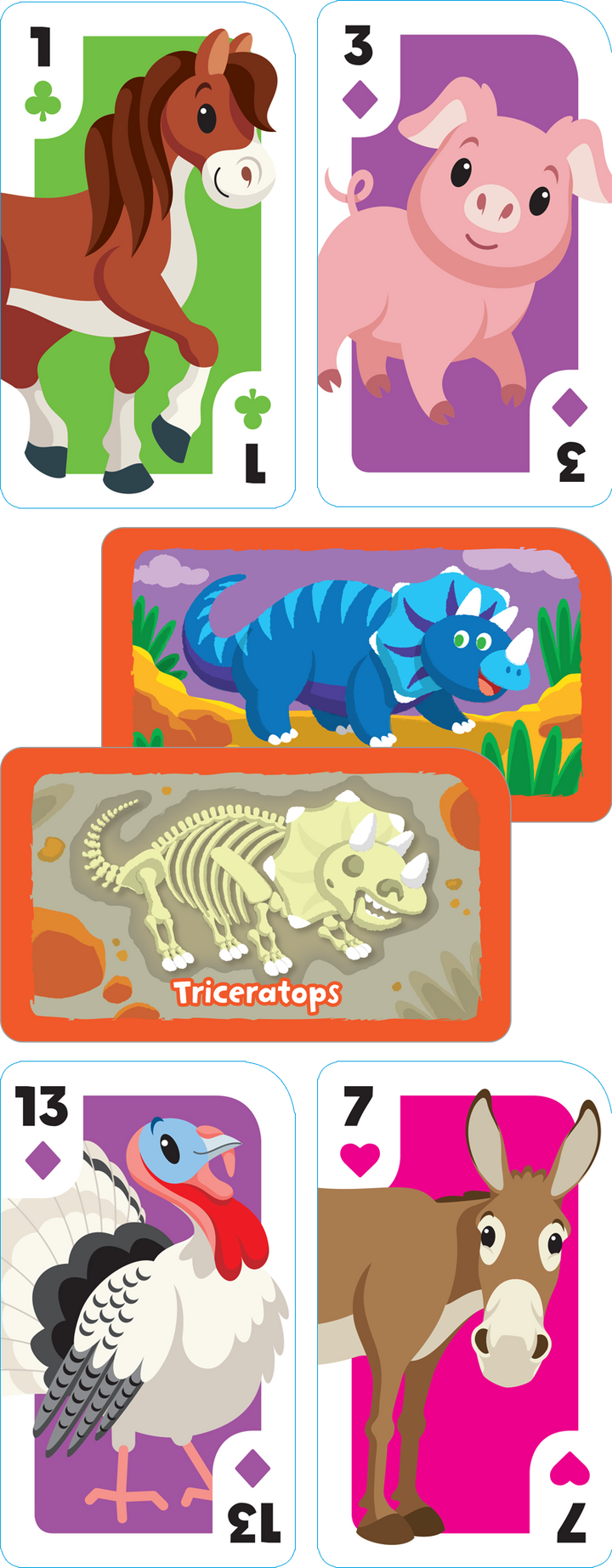 Adorable illustrations in this Get Ready Game Cards Farm Animal Rummy & Dino Dig 2-Pack add to the fun and focus!