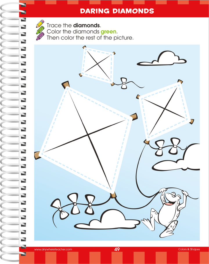 Color recognition and identifying shapes is taught in the Big Preschool Workbook.