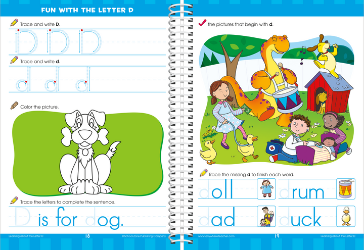 Fun with the Letter D workbook page to trace and write the letter D, and color a picture of a dog.