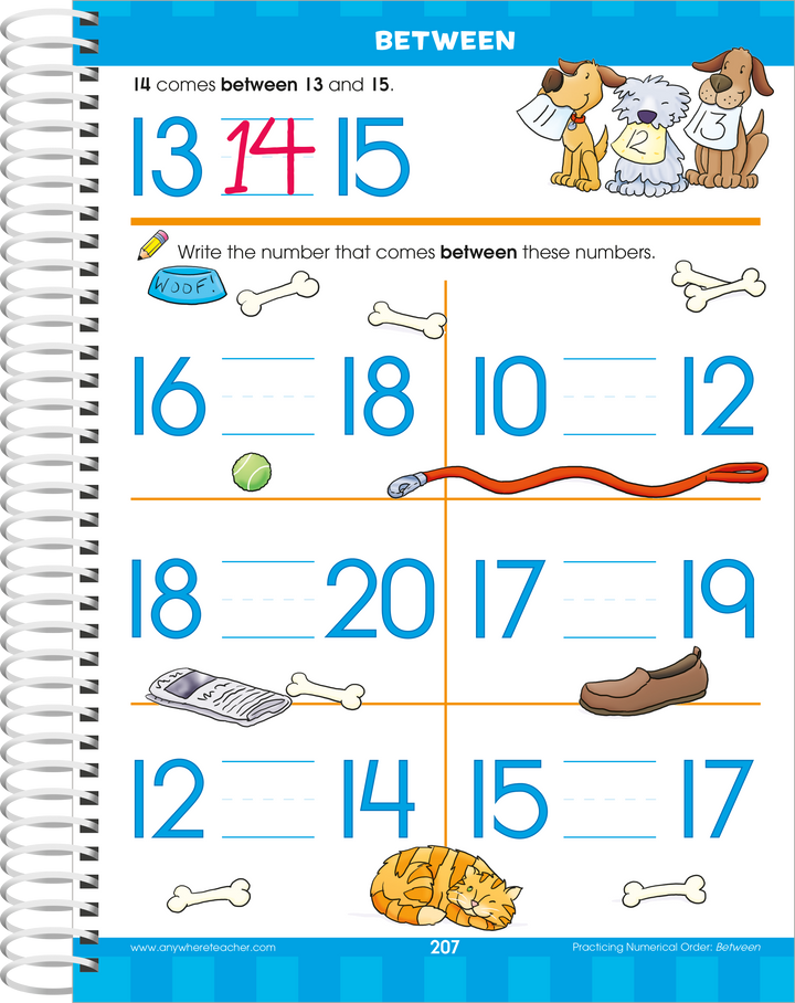 Between workbook page with dogs and bones has you fill in the number that comes between two other numbers.