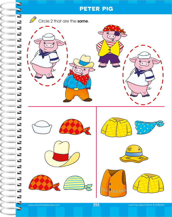 Peter Pig workbook page with costumed pigs, hats, and articles of clothing to match.