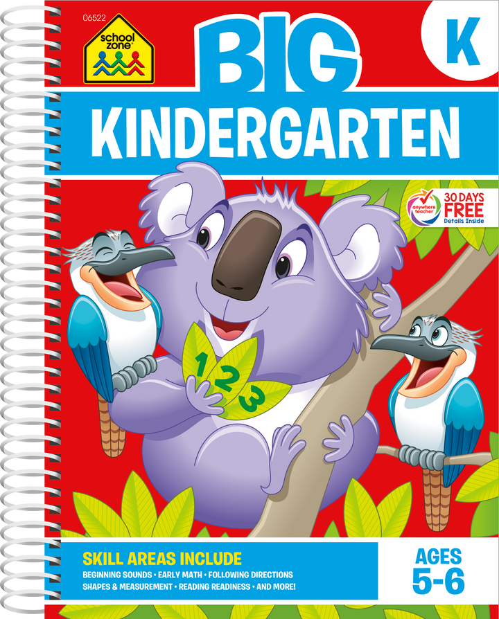 Big Kindergarten spiral bound workbook cover features purple koala and laughing kookaburra birds.