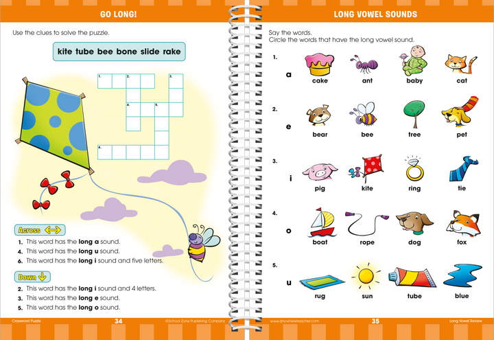 Crossword puzzle workbook page shows a bee flying a polka dot kite.