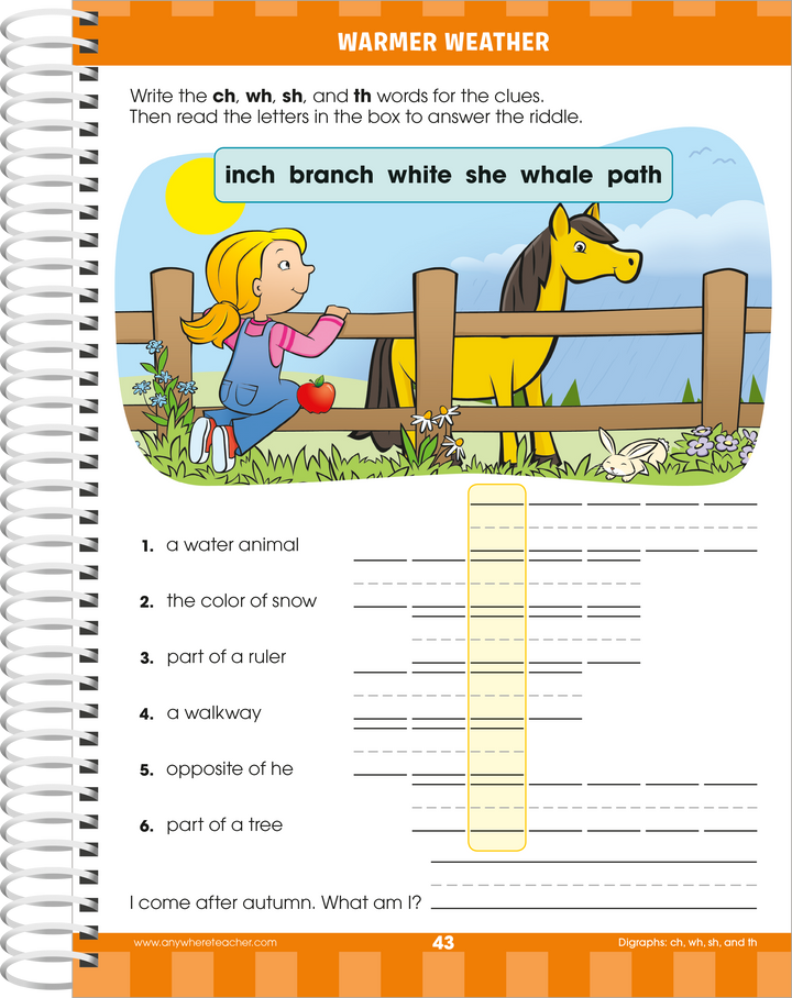Warmer Weather workbook page lets children solve a puzzle with their knowledge of digraphs.