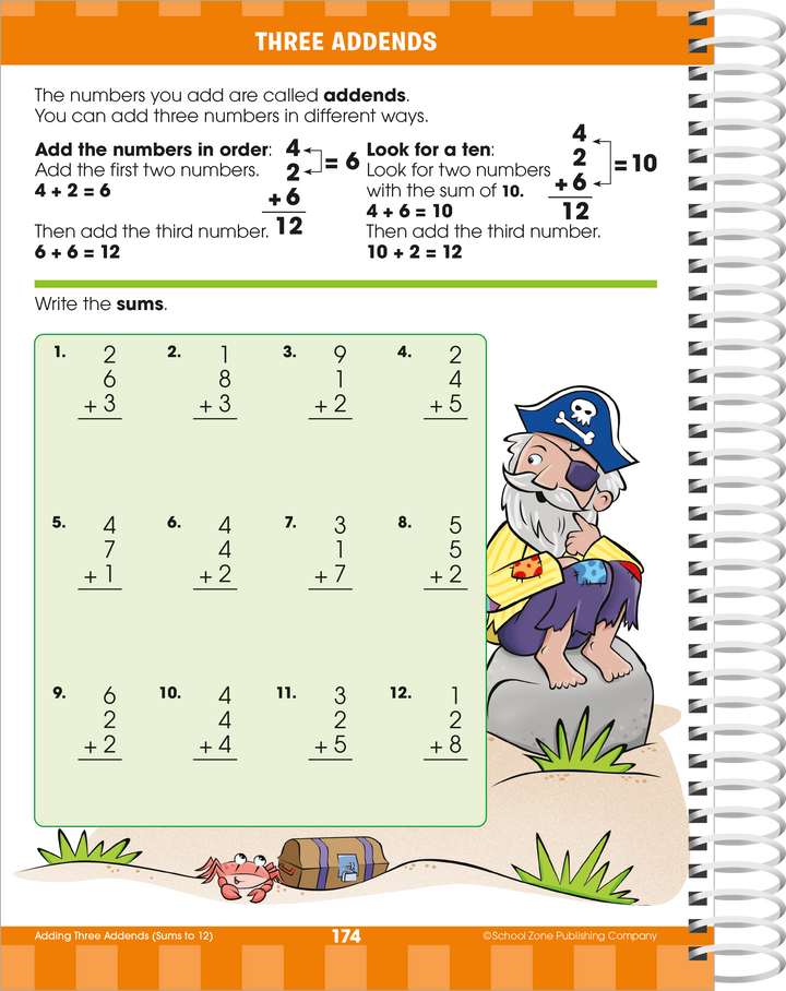 Three Addends workbook page has a pirate adding columns of three numbers.