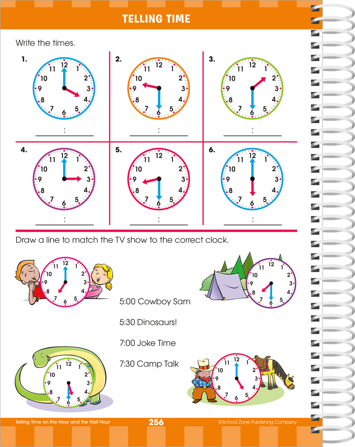 Telling Time workbook page matches tv show listings to the correct analog clock.
