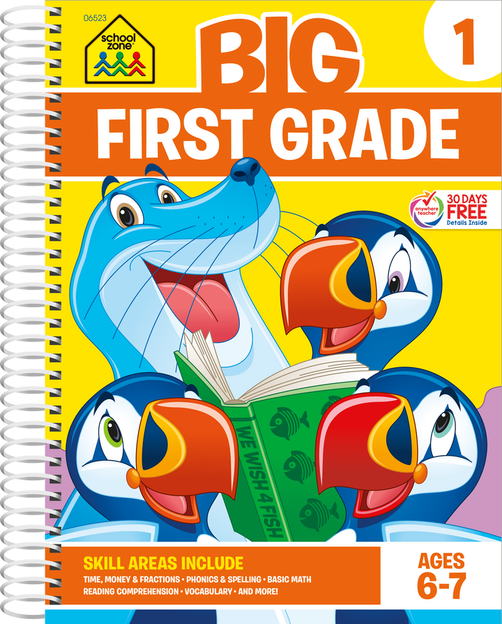 Big First Grade spiral bound workbook cover features happy seal and puffins reading a book.