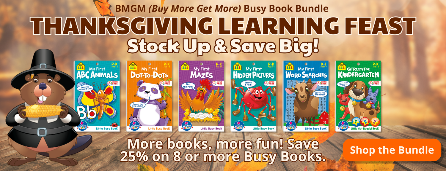 Promotional banner for a Thanksgiving learning feast with Busy Book Bundle featuring cartoon characters and books.