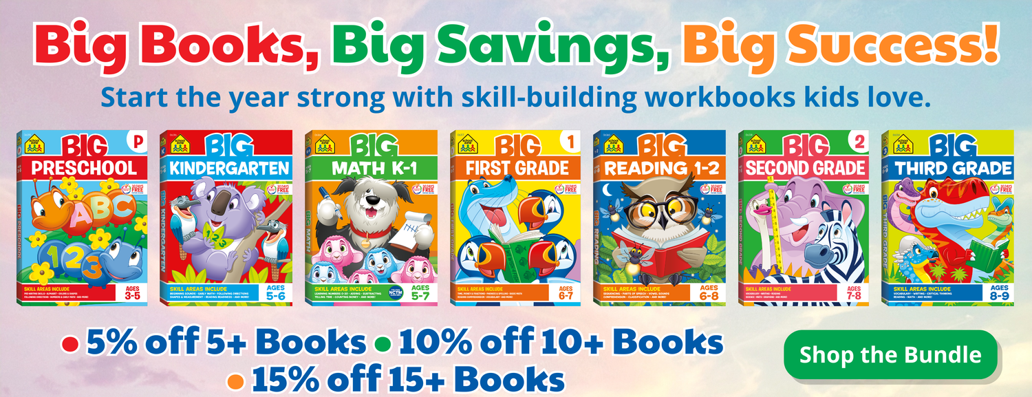 Promotional banner for educational workbooks with colorful covers and text offering savings on purchases.