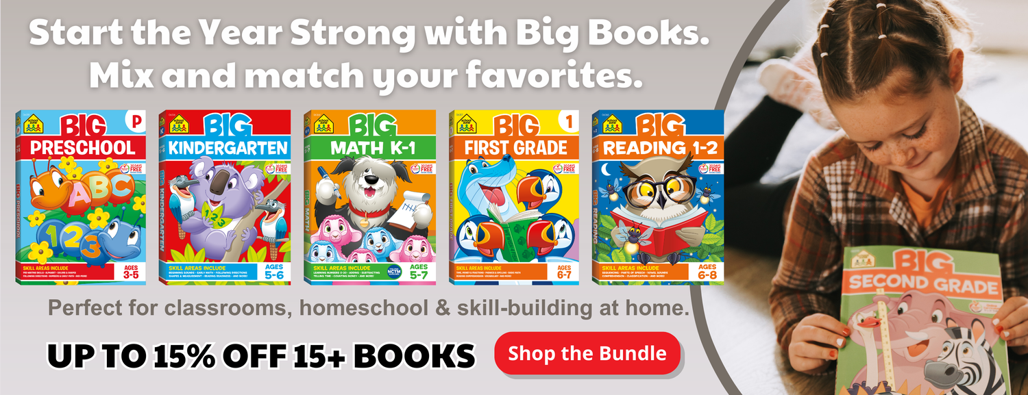 Educational book series for different grade levels with a child reading a book, featuring promotional text about discounts.