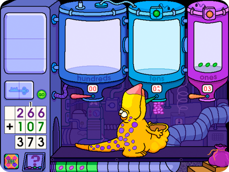 Yellow monster collecting items from a bin of tens.