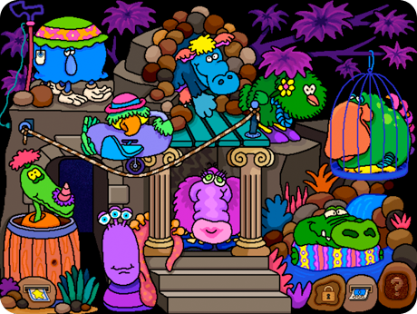 collection of bright, silly creatures hanging out
