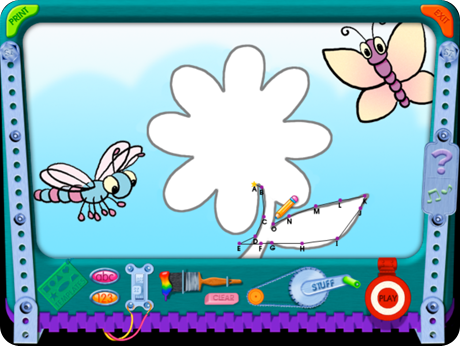 constructing a dot-to-dot flower with bugs floating around it