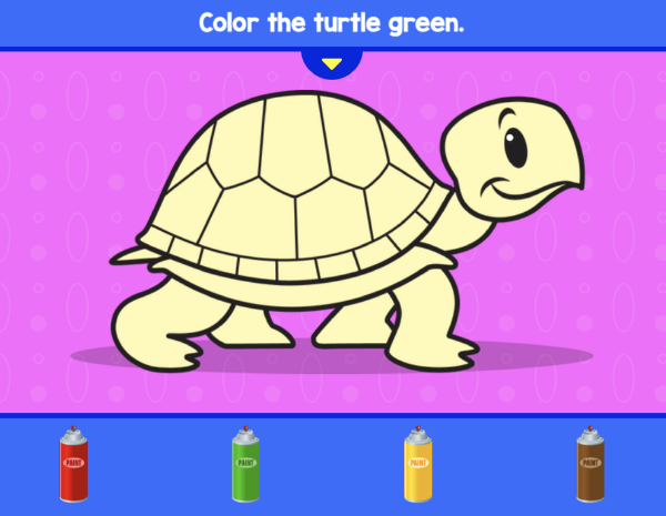 a uncolored turtle with different color spray pain cans given instructions to paint the turtle green