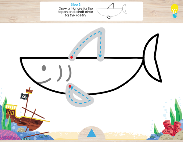 a shark image with tracing help to learn how to draw using shapes