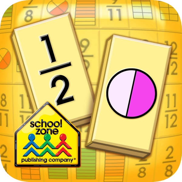 Fraction Attraction game title on tablet and phone shows happy boy & girl learning