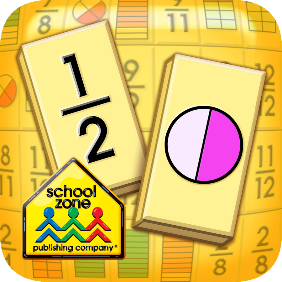 Fraction Attraction game title on tablet and phone shows happy boy & girl learning