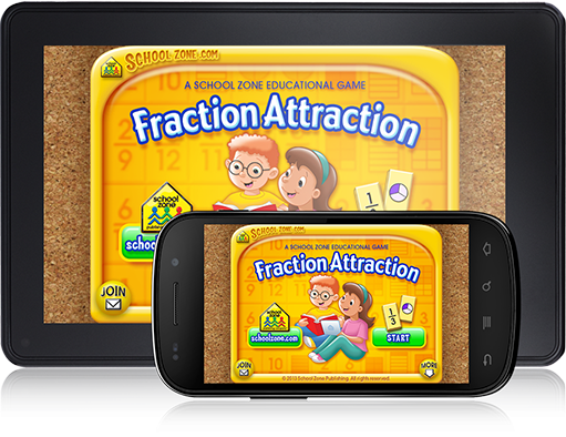 Fraction Attraction game title on tablet and phone shows happy boy & girl learning