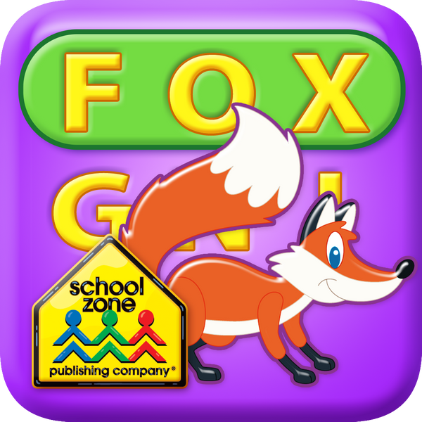 Word Search Jr title screen with fox and start button on tablet and iphone